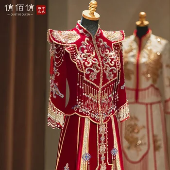 Kitajska Tradicionalna Poročna Obleka Cheongsam Elegantno Nevesta Letnik Velur Sequins Beading Vezenje Rese китайская одежда
