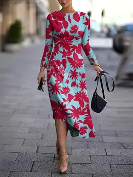 Ženske Obleka za Poletje Moda Cvjetnim Tiskanja Priložnostne Krog Vratu Dolg Rokav Dnevni A-Linijo Dolgo Obleko 2023 Nova
