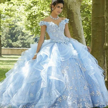 LSYX Svetlo Modra Sweet 16 Quinceanera Obleko 2022 Off Ramenski Appliques Tiste Rože Princesa Stranka Obleke Vestidos De 15 Años
