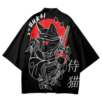 Cardigan Moških Srajc Azijskih Ulične Japonski Haljo Črna Mačka Tiskanja Kimono Harakuju Samurai Kostum Haori Yukata