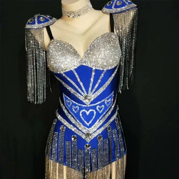 Modra Sije Okrasnih Kristalno Dolgo Tassel Bodysuits Za Ženske Pevka Stopnji Uspešnosti Kostume Stranka Nosi Karneval