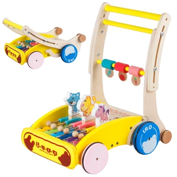 krat otroška lesena walker z glasbeno cartoon živali, višino in hitrost lahko prilagodite baby walker, večnamensko srčkan baby walker