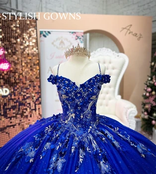 Royal Modra Off Ramo Žogo Obleke Quinceanera Obleke Beaded 3D Cvetje Slaven Stranka Halje Appliques Diplomi Vestido