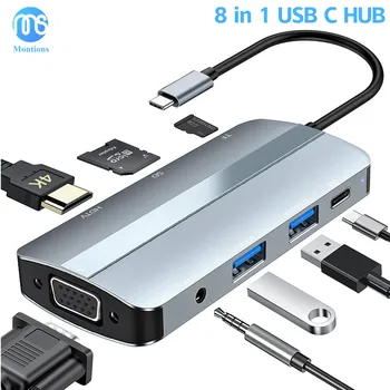 8 v 1 USB C Hub Razširitvene Postaje Tip C Do 4K HDMI Adapter OTG z VGA Strele 3 PD USB3.0 SD/TF 3,5 mm za Prenosni računalnik MacBook