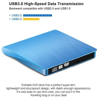 Zunanji Optični Pogon USB 3.0, Ultra-tanek Zunanji Optični Pogon DVD Visoke hitrosti Prenosa Podatkov Korak navzdol USB Optični Pogon