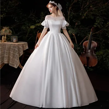 New Vroče Prodaje Preprosta Modna Vestido De Noiva 2021 Poročno Obleko Luksuzni Elegantna Luč Rokav Sijoči Saten Princesa Čipke