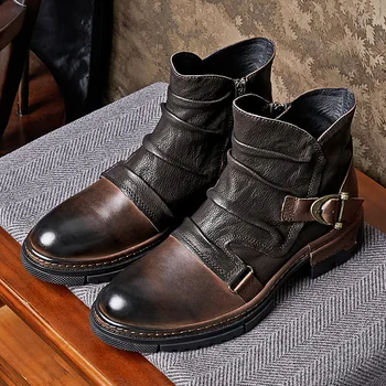 Flis trend Britanski letnik pralni moške visoki delovni čevlji Trend velikih lasišče škornji za moške cowhide čevlji