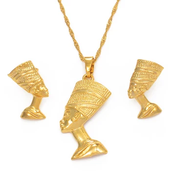 Anniyo Egiptovske Kraljice Nefertiti Ogrlico, Obesek, Uhani, Kompleti Nakita Pozlačeni Debelo Nakit #010006
