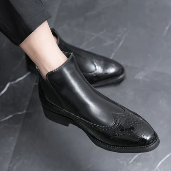 Formalno Luksuzni Chelsea Zimski Škornji za Moške Črne Brogue Poslovni Človek Oblikovalec Ročno Mens Kratka Casual Obutev Škornji