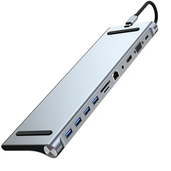 11 V 1 Tip C Dock Zvezdišče USB 3.0 Splitter Multiport Adapter 4K -Združljiv RJ45 SD/TF VGA PD Avdio Laptop Stand