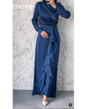 Cenove Modra Visoko Izrez Prom Oblačenja Dolgimi Rokavi, Z Gleženj Dolžina Draped Ruffle Večer Poletje Eleganten Stranka Obleko Za Ženske