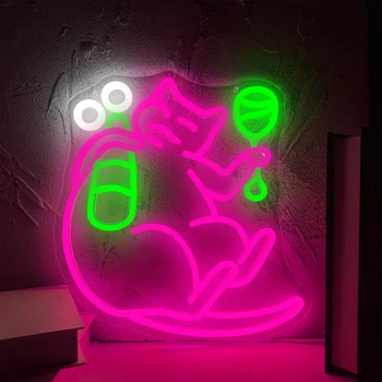 Mačka Pitje Vina neon znak art dekor Neon luči wall art znaki luštna mačka dekor,mačka Zidu po meri, neon dekor Neon po Meri Desk svetlobe