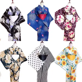 Japonski Kimono Z Obi Ženski Tradicionalni Slog Bombažne Tkanine Retro Fotografij Fotografija Yukata Halloween Cosplay Dekleta Oblačenja